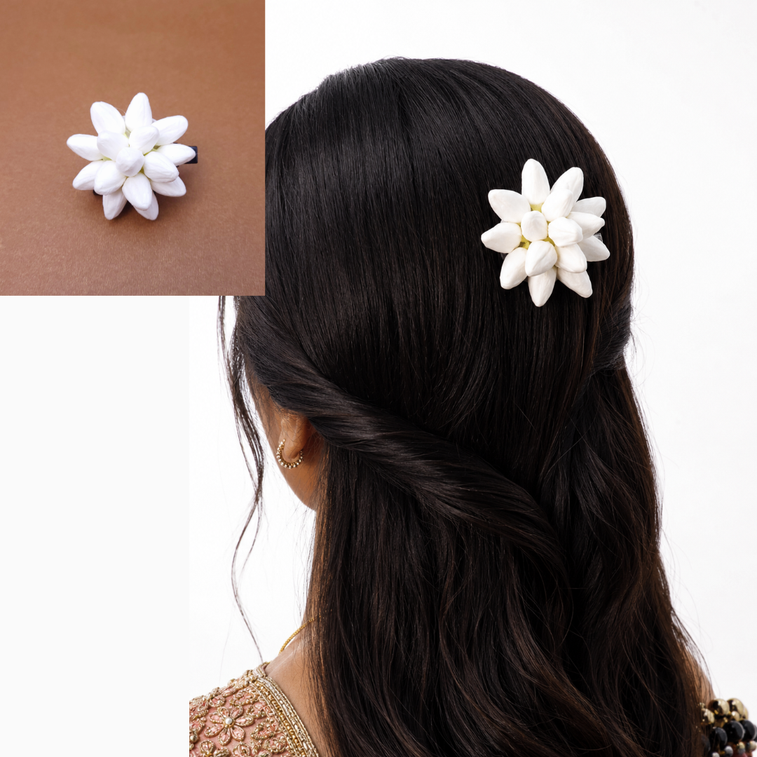 White Gundu Malli (Jasmine) Alligator Clip - 1Pc