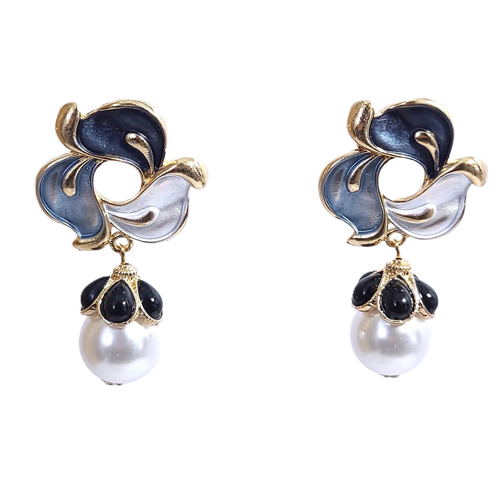 Pair of floral enamel stud earrings with hanging pearl drops in various color palettes.