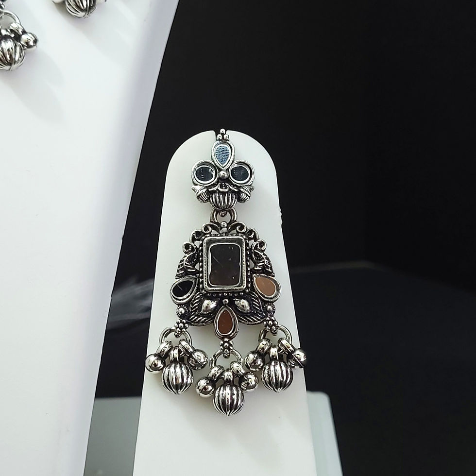 Thumbnail: Traditional Oxidized Silver Mirror Work Choker Set with Maang Tikka