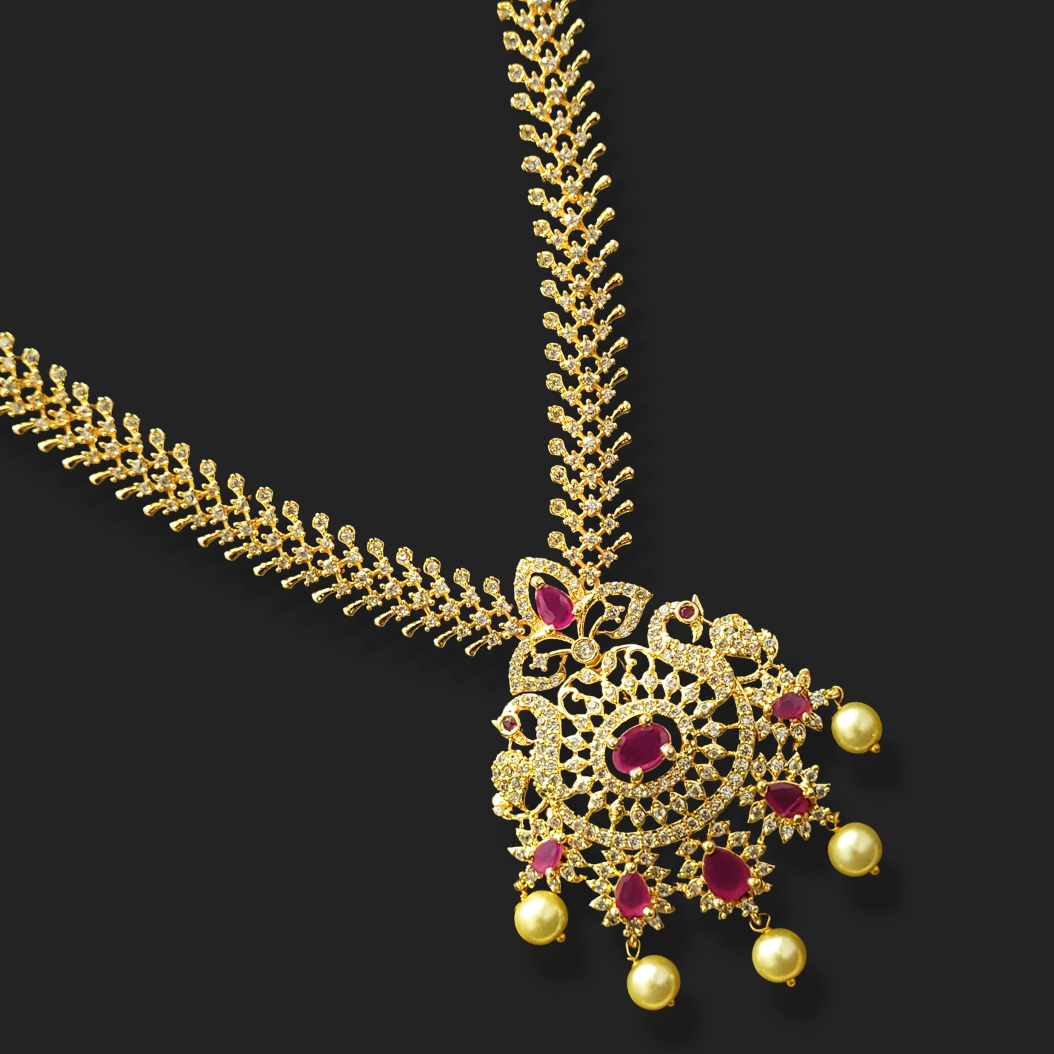 Premium Peacock Design AD Stone Long Necklace Set–Traditional Imitation Jewelry