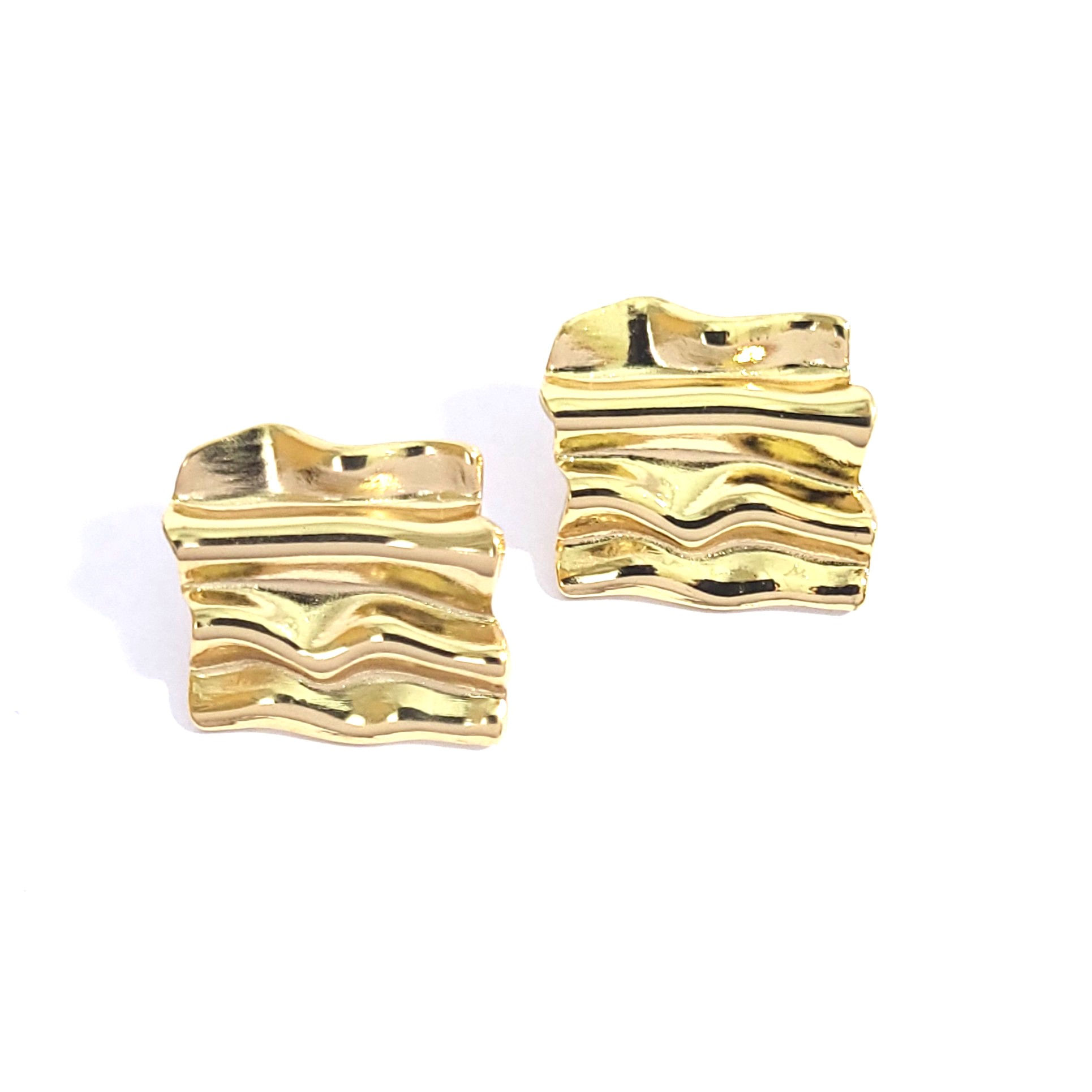 Pair of textured wavy gold square stud earrings with a high-shine finish.