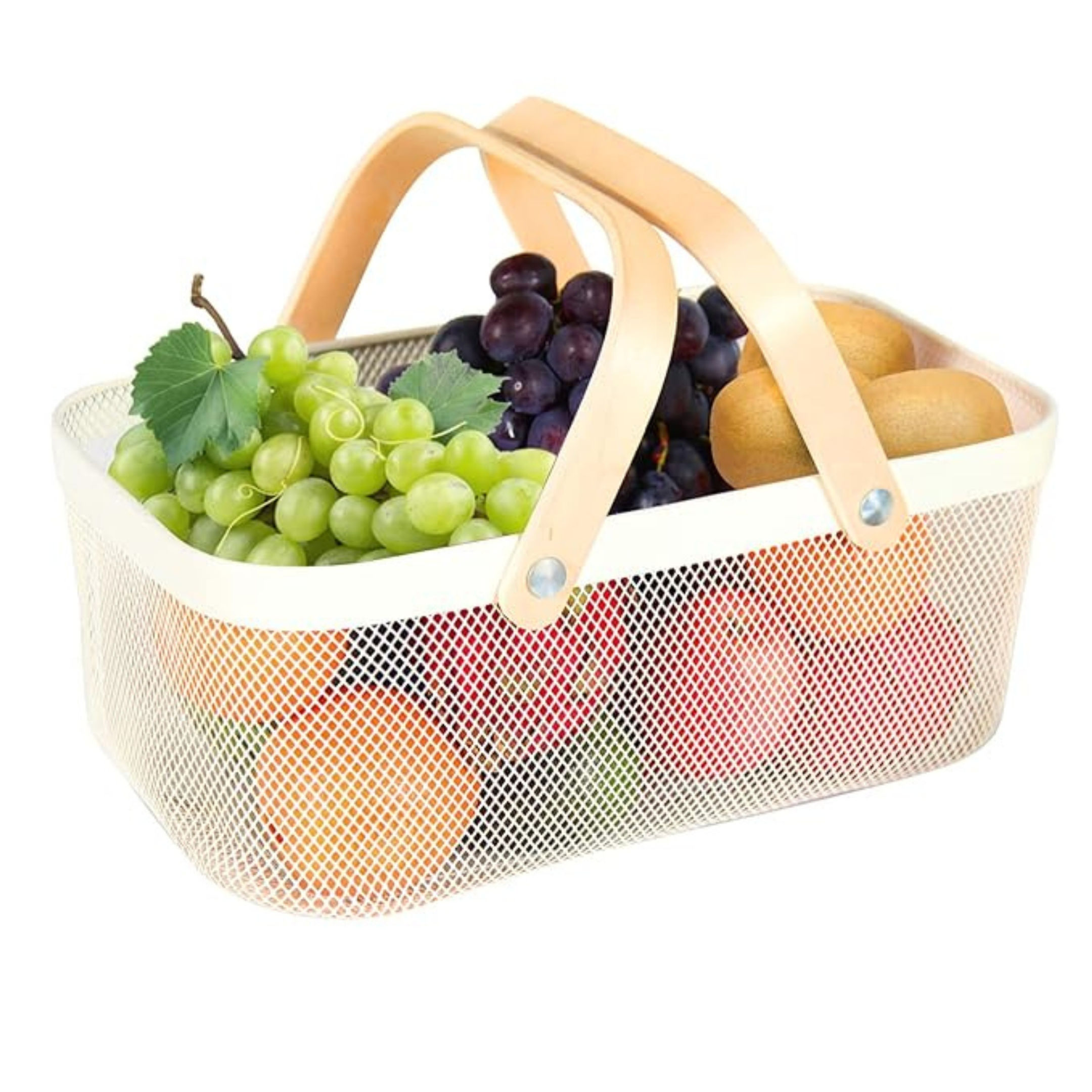 Wire Mesh Storage Basket with Wood Handle – Big Metal Organizer Bin (White)