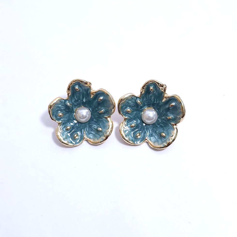 Gold-plated floral stud earrings featuring colorful hand-painted enamel petals in blue, green, and pink with a single white p