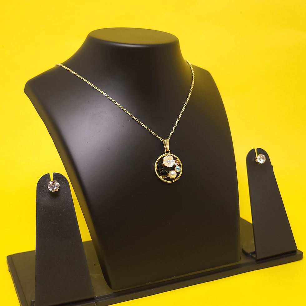 Thumbnail: Gold-plated circular floral pendant necklace set with crystal stud earrings display.
