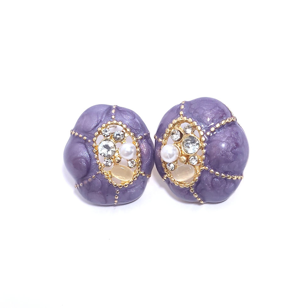 Set of vintage-style domed stud earrings with colorful marbled enamel and crystal-embellished centers.
