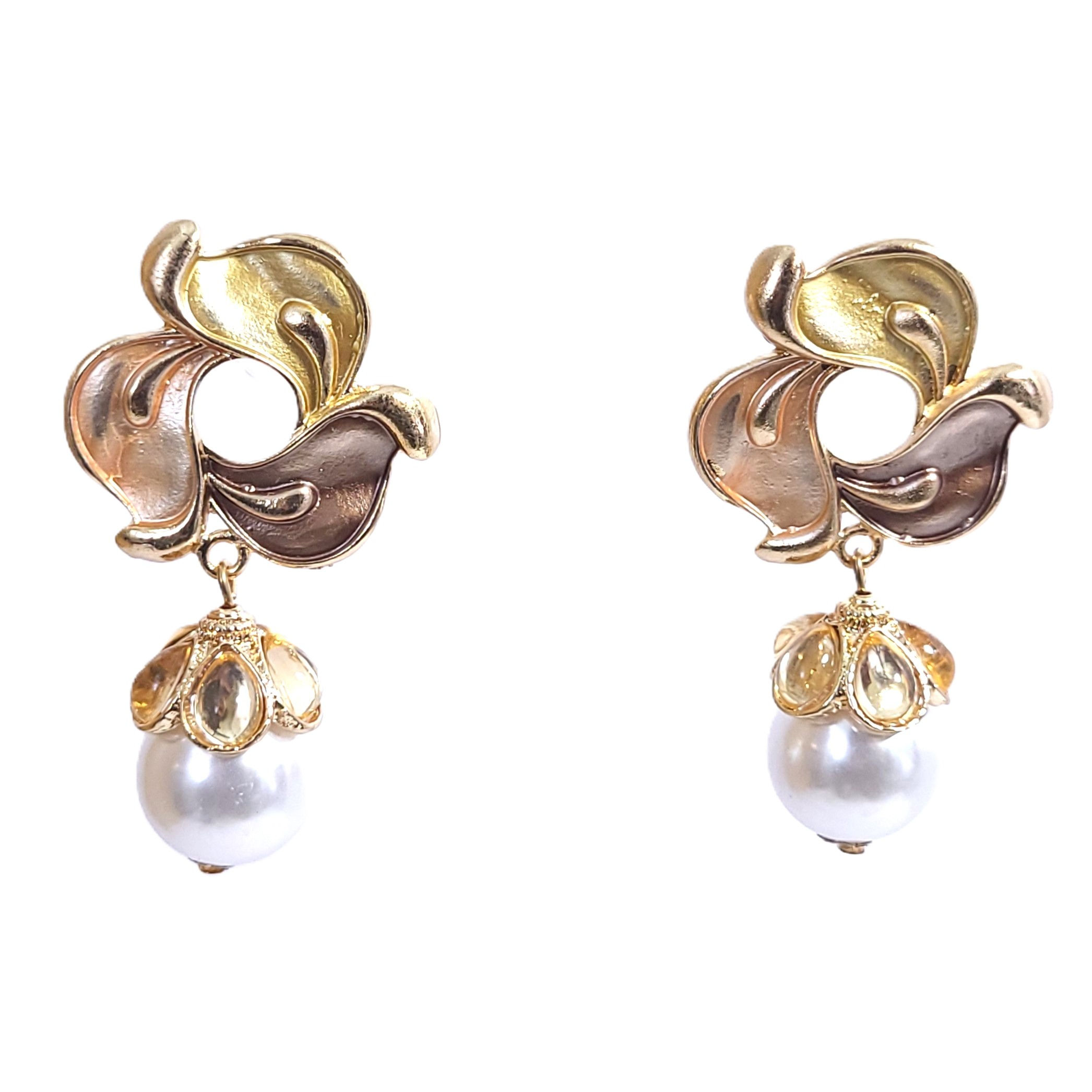 Pair of floral enamel stud earrings with hanging pearl drops in various color palettes.