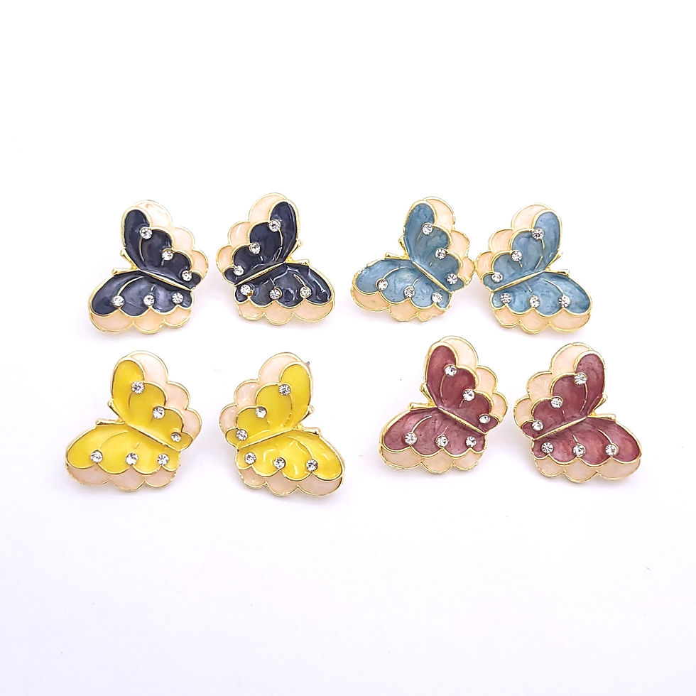 Vibrant hand-painted enamel butterfly stud earrings with sparkling crystal accents in multiple colors on a white background.