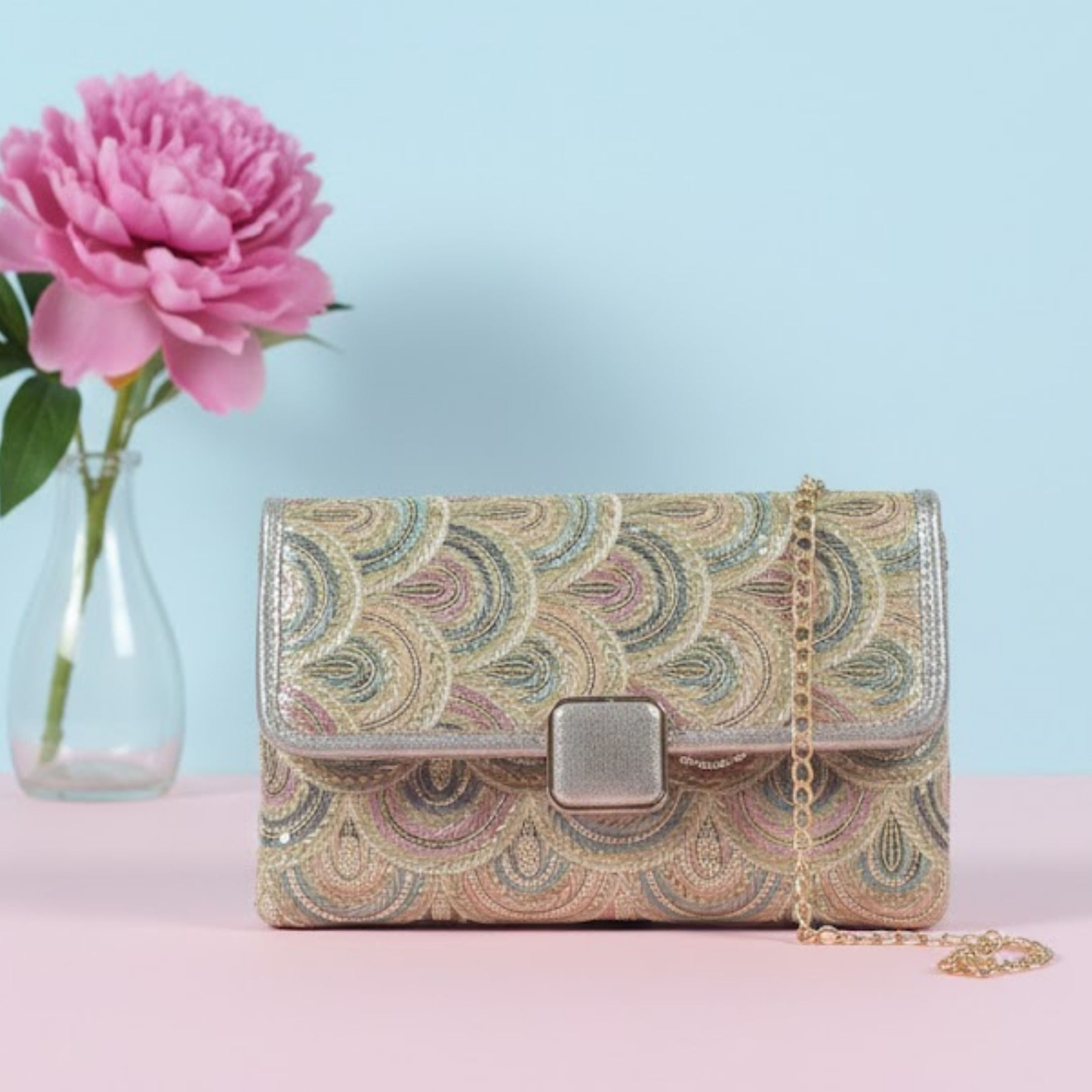 Embroidered Ethnic Clutch with Metal Top Handle & Detachable Chain