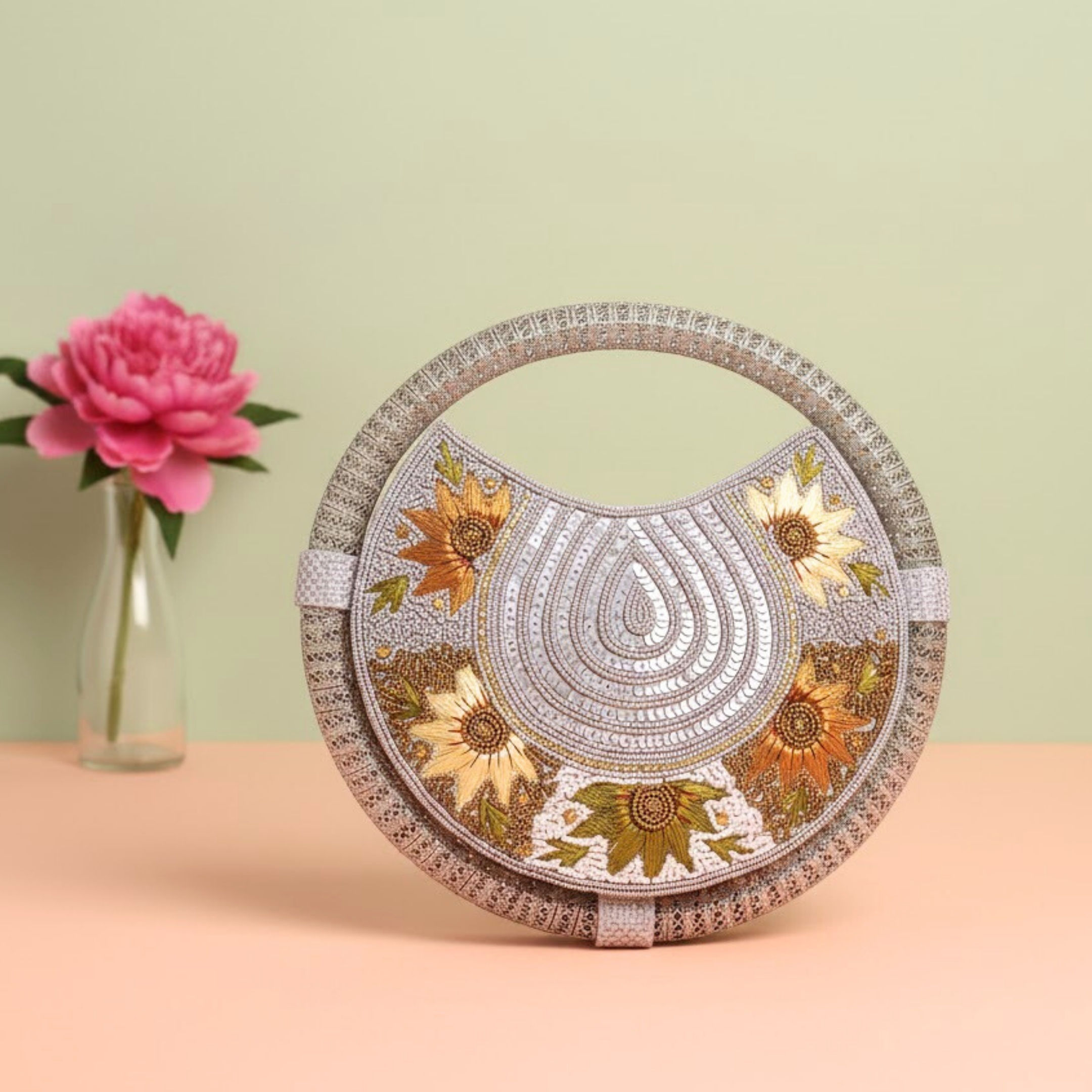 Floral Embroidered whirl Round Clutch | Sparkling Sequin Bag - Grey