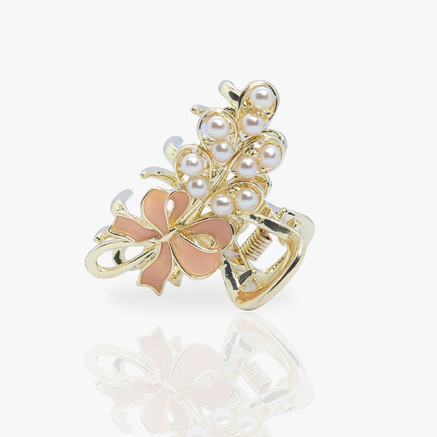 Peach Pearl Cluster Ribbon Hair Claw Clip