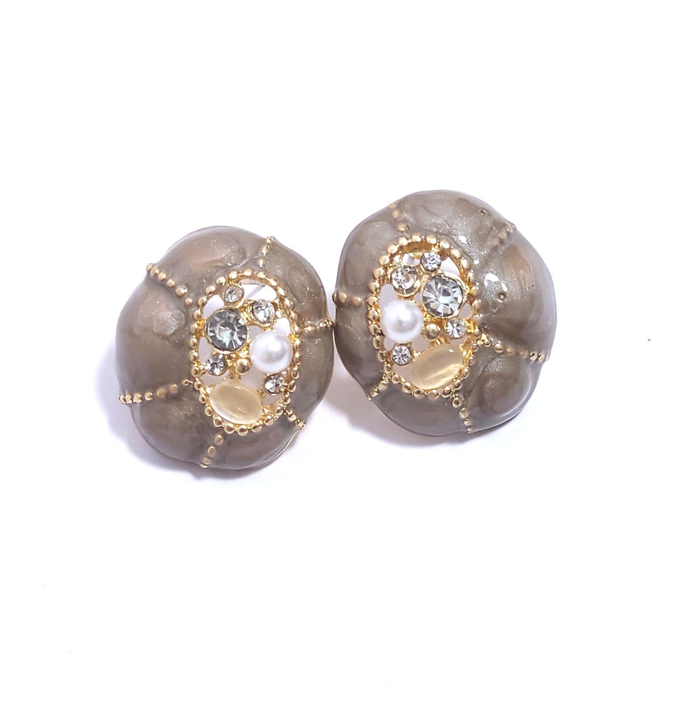 Set of vintage-style domed stud earrings with colorful marbled enamel and crystal-embellished centers.