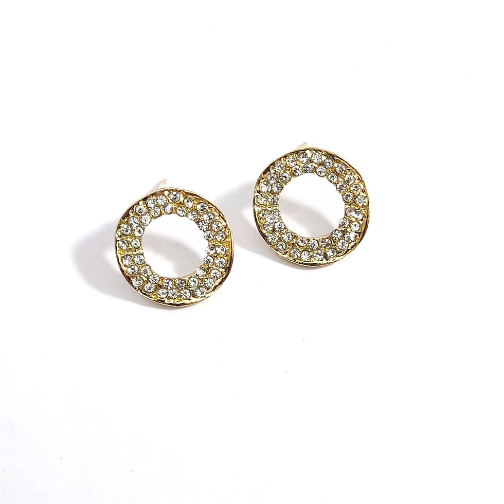 Pair of gold-toned open circle stud earrings paved with sparkling white crystals.