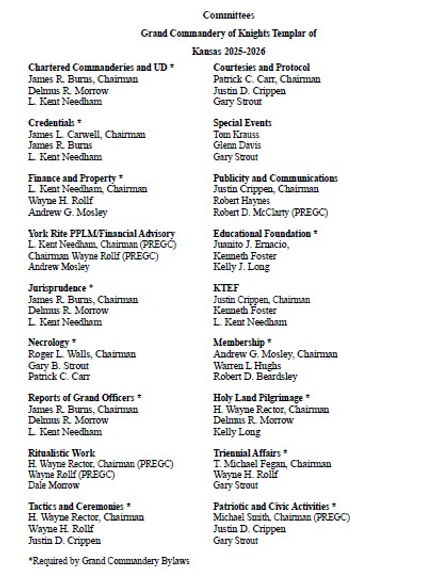 2025 Grand Commandery of Kansas Committees and Members