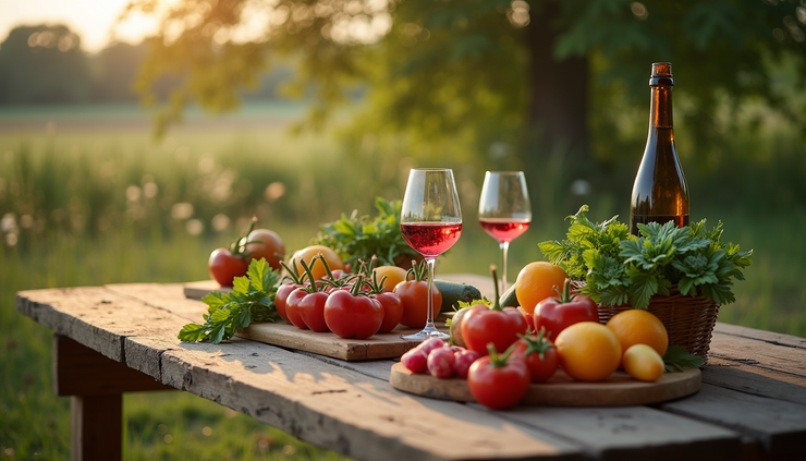 High angle view of a rustic farm table set with fresh local produce and wine glasses