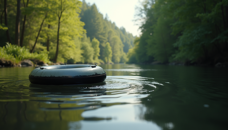 Eye-level view of a tube floating on the calm Cowichan River surrounded by trees