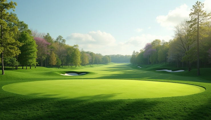 Wide angle view of March Meadows golf course with green fairways and surrounding forest