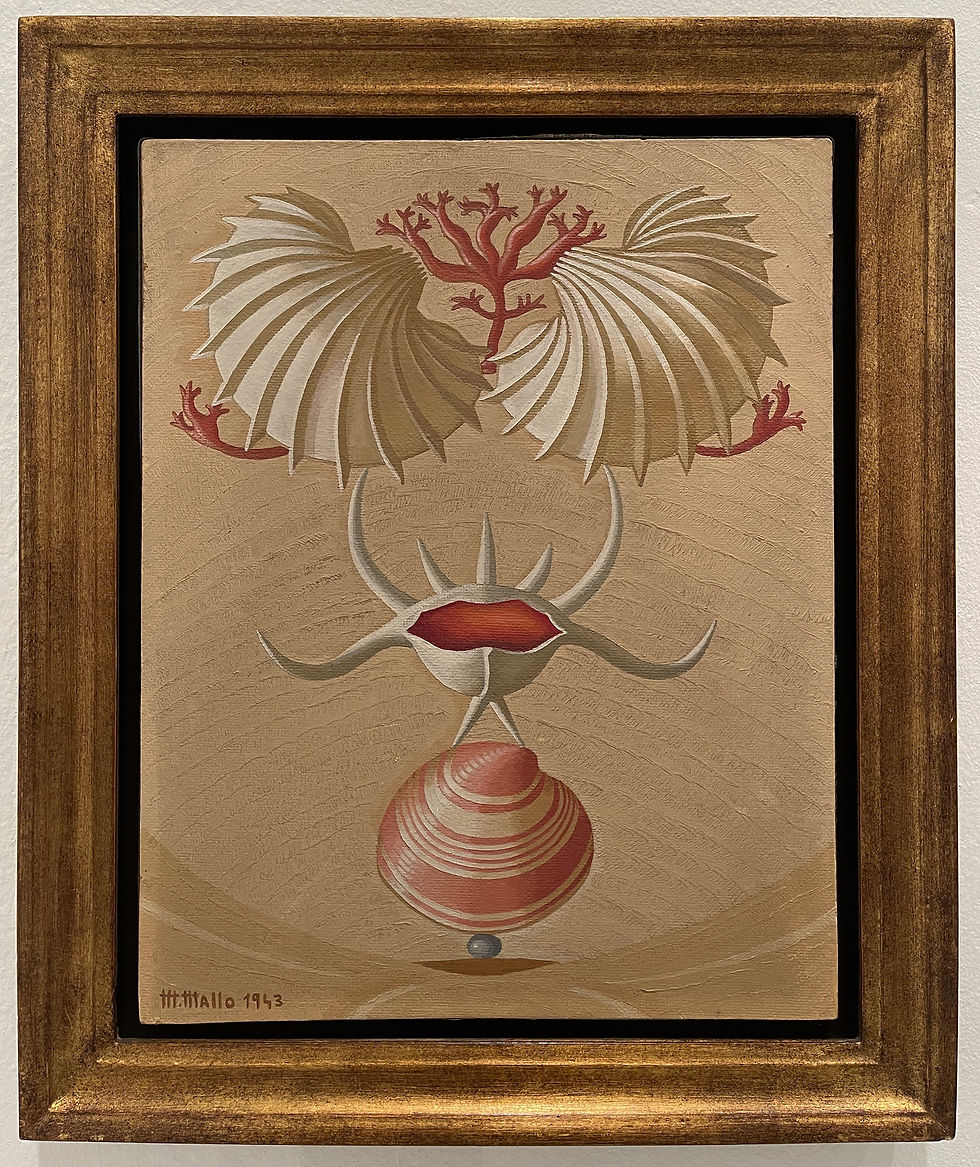 - Maruja Mallo, "Naturaleza viva XIV", 1943. Óleo sobre tabla. Colección Navarro-Valero. Cortesía Galería Leandro Navarro. Fotografía de Diana Larrea, vista de la exposición "Máscara y compás" en el Museo Reina Sofía, 2025.