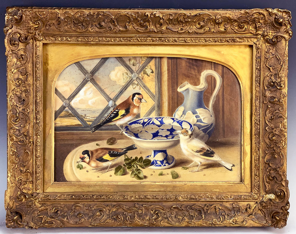 4Three Goldfinches. Mixed media watercolor and bodycolor on paper Signed lower right Mrs. Withers