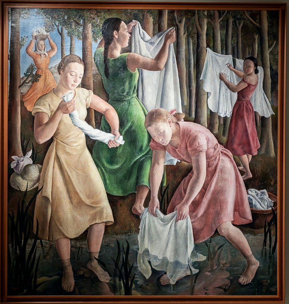 - Rosario de Velasco, "Las lavanderas". Óleo sobre lienzo, 209 x 197 cm. Colección privada. Vista virtual con tecnología Gigapixel de la exposición "Rosario de Velasco" en el Museo Thyssen-Bornemisza, Madrid 2024.