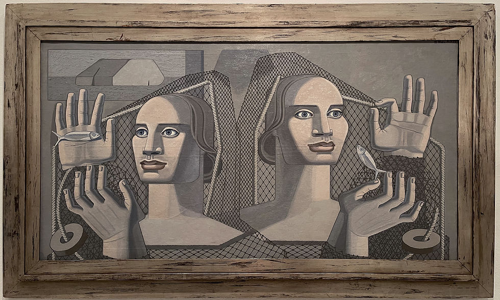 - Maruja Mallo, "Mensaje del mar", 1937, de la serie "La Religión del trabajo". Óleo sobre lienzo, 95 x 175 cm. Colección privada. Fotografía de Diana Larrea, vista de la exposición "Máscara y compás" en el Museo Reina Sofía, 2025.