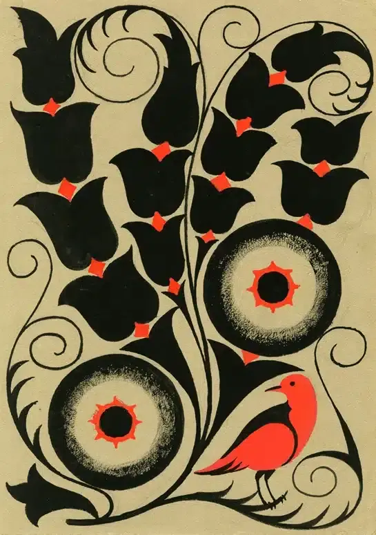- Francisca Rius i Sanuy, "Estilització floral amb ocell vermell", c.1914. Col·lecció particular.