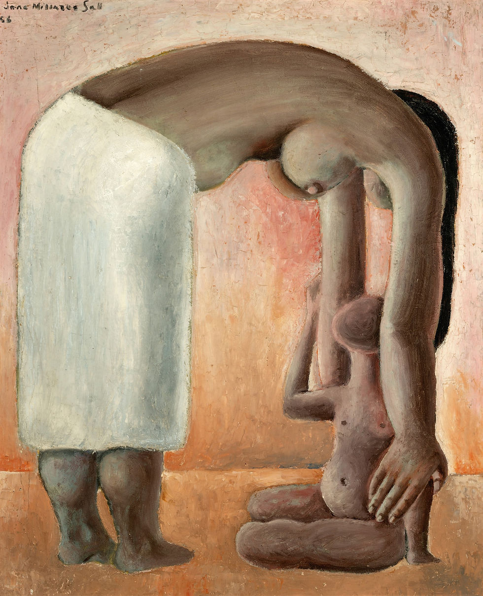 - Jane Millares, "Maternidad", 1956. Óleo sobre tablex. 56,5 x 67,5 cm. Colección particular, Gran Canaria