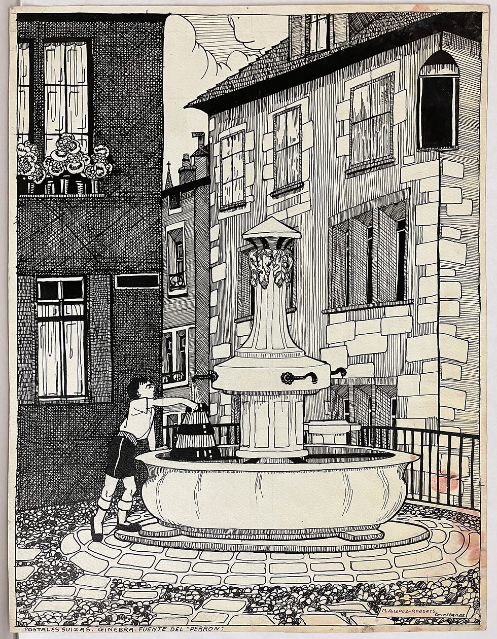 - M.A. López-Roberts, "Postales suizas. Ginebra. Fuente del Perron", 1928. Tinta sobre papel. Museo ABC, Madrid. Fotografía de Diana Larrea.