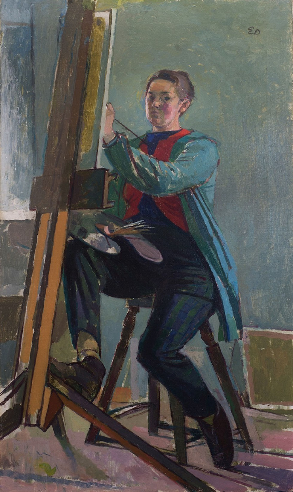 - Evelyn Dunbar, "Selfportrait", 1958. Oil on canvas, 49.5 x 29.4 cm. Fue su último autorretrato pintado en su estudio en su granja "Staple Farm", cerca Wye, Kent. Private Collection. © The Artist's Estate, courtesy of Liss Llewellyn Fine Art, London.
