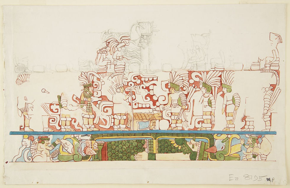 - Adela Breton, Relieve de piedra del centro de la Pared Norte, Edificio Norte C, Cancha de Pelota, Chichén Itzá, México, 1900. Watercolor. Bristol Museum and Art Gallery, UK.