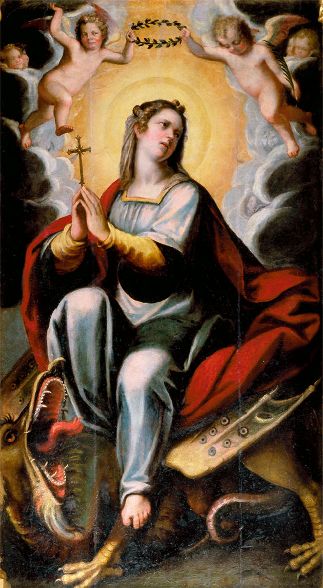 - Margarida Maçip, detalle de Santa Margarita y el Dragón en el "Retaule de les Ànimes", 1602. Església de la Santa Creu o del Carme, València.