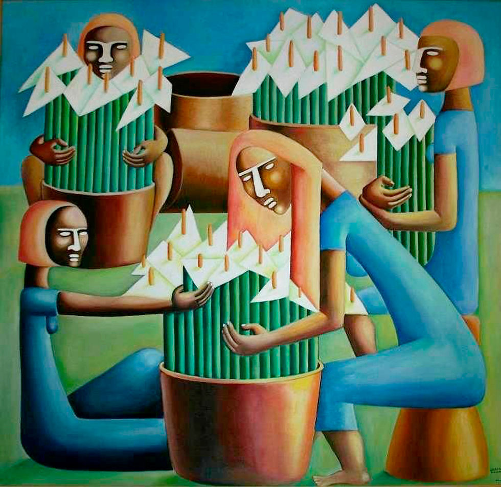 - Jane Millares, "Las Calas", 1985. Óleo sobre lienzo, 150 x 150 cm Colección de la Fundación Universitaria de Las Palmas.