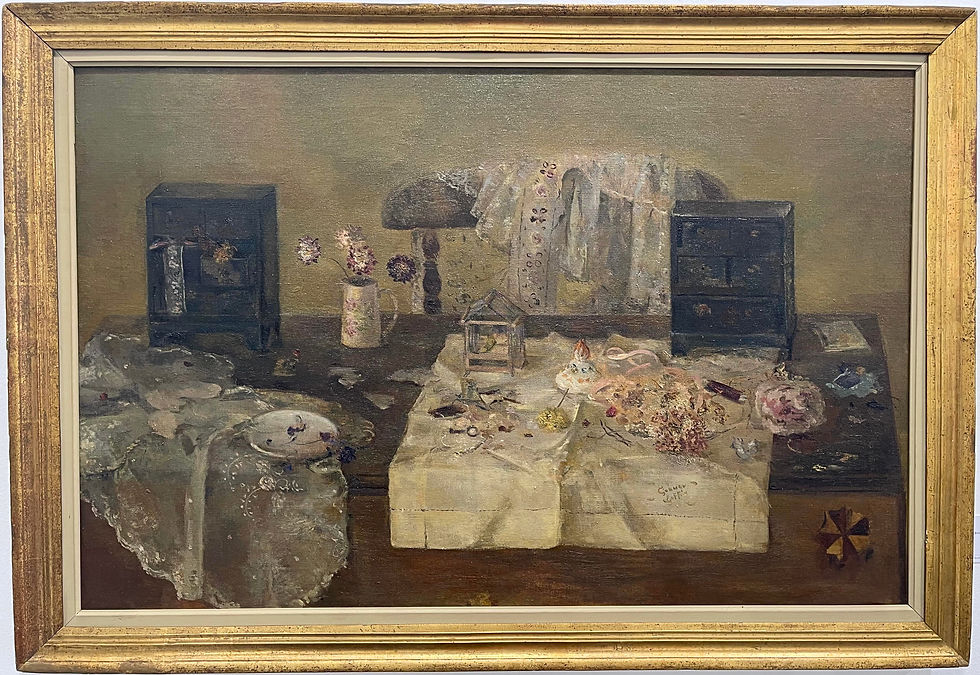 - Carmen Laffón, "Bodegón de las pequeñas cosas", 1964. Óleo sobre lienzo, 65 x 100 cm. Fotografía Diana Larrea en ARCO24, Galería Guillermo de Osma, Madrid.