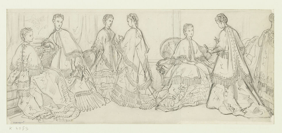 - Adèle Anaïs Colin, "Grupo de mujeres en un interior", c.1862. Grafito sobre papel. Fondo de archivos gráficos de Maurice Leloir, Palais Galliera, Musée de la Mode de la Ville de Paris.
