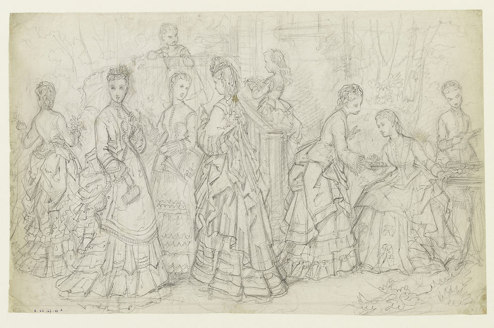 - Adèle Anaïs Colin, "Grupo de mujeres y niños en un jardín", 1873. Grafito sobre cartón. Fondo de archivos gráficos de Maurice Leloir, Palais Galliera, Musée de la Mode de la Ville de Paris.