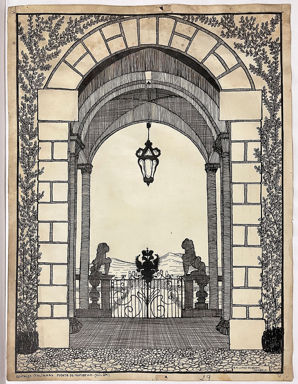 - M.A. López-Roberts, "Postales italianas. Milán. Puerta de Mombello", 1929. Tinta sobre papel. Museo ABC, Madrid. Fotografía de Diana Larrea.