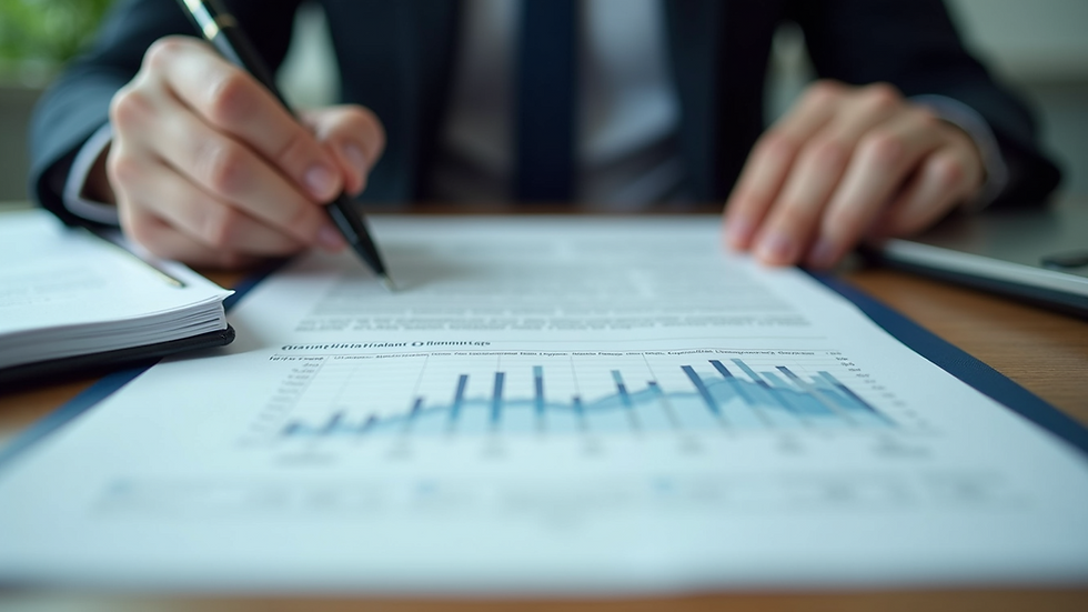 Eye-level view of a person reviewing financial documents on a desk