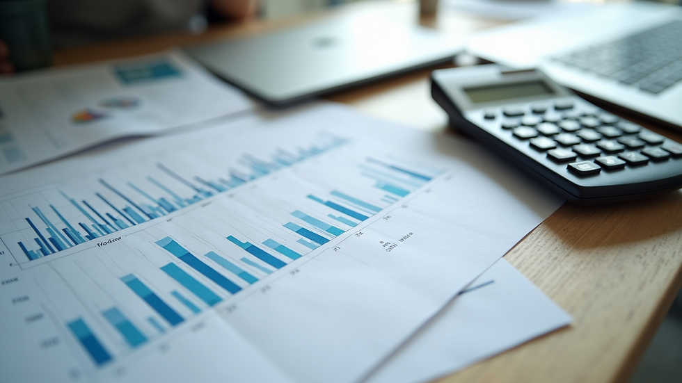 High angle view of a desk with financial documents and a calculator