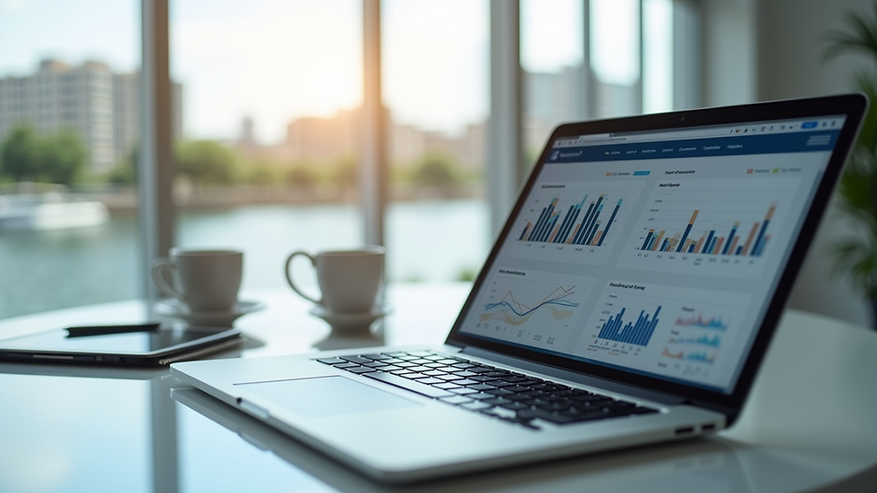 Eye-level view of a laptop displaying financial charts and graphs