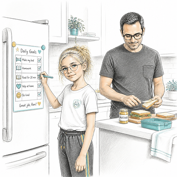 ילדה מסמנת לוח משימות במטבח, ליד אב שמכין כריכים; על המקרר כתוב Daily Goals ו-Great job, Roni!