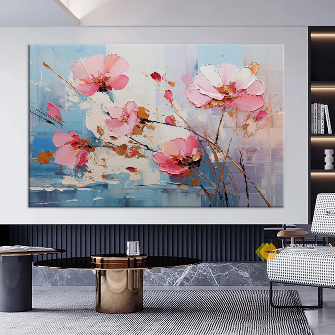 Pembe Çiçekler ( Sanatsal Yağlı boya Dokulu Tablo )