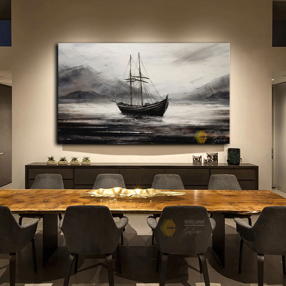Black Boat ( Sanatsal Yağlı Boya Dokulu Tablo )