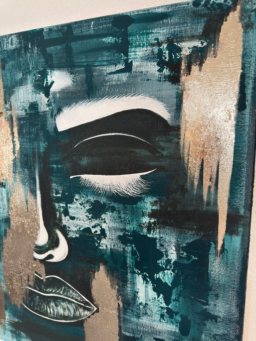 Abstract face portrait, turquoise gold and blue tones, textured contemporary art