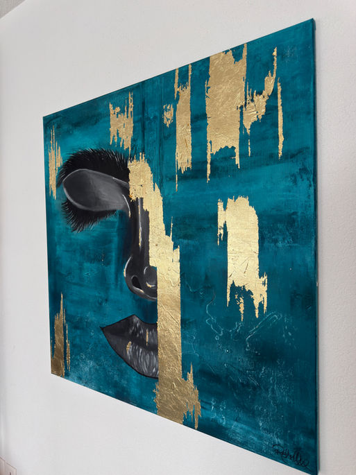 Abstract face portrait of a woman, textured contemporary art, blue and gold tones
