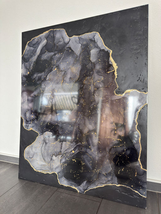Abstract grey and black textured painting with heavy layered surfaces, alcohol ink and resin on canvas, large scale artwork, xxl painting with coated resin