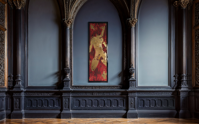 Abstract figurative painting of female body in red with gold tones, acrylic resin and mixed media on canvas