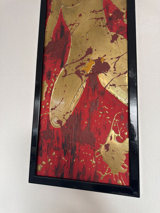 Abstract figurative painting of female body in red with gold tones, acrylic resin and mixed media on canvas