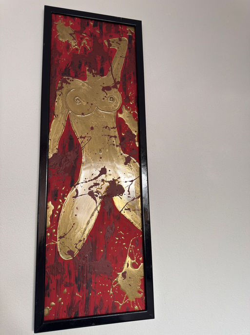 Abstract figurative painting of female body in red with gold tones, acrylic resin and mixed media on canvas