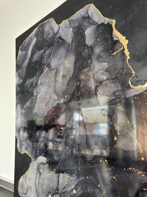 Abstract grey and black textured painting with heavy layered surfaces, alcohol ink and resin on canvas, large scale artwork, xxl painting with coated resin