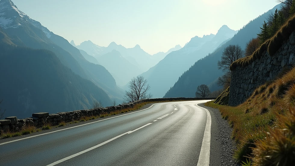 Wide angle view of a winding mountain road in the Alps