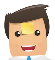 A cartoon graphic of a man with a post-it note on his forehead